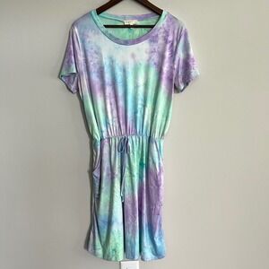 Perfect Tie Dye Short Sleeve Dress Purple Blue Green Drawstring Waist Size L